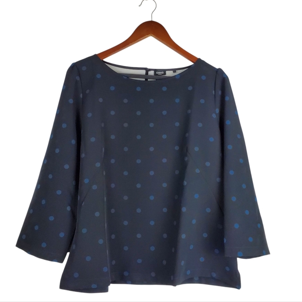 EMME Marella Granada Black Polka Dot Blouse Size 12 Long Sleeve Stretch Top